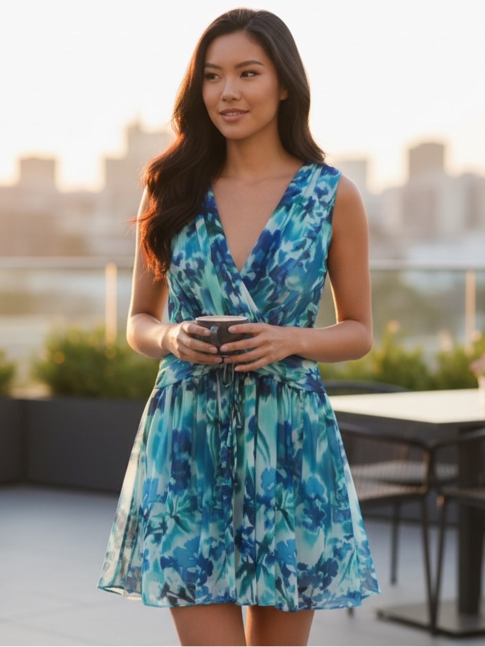 DKNY Blues/Teal Floral-Print Sleeveless Ruffle Event/Party/Office Dress (Size 6)